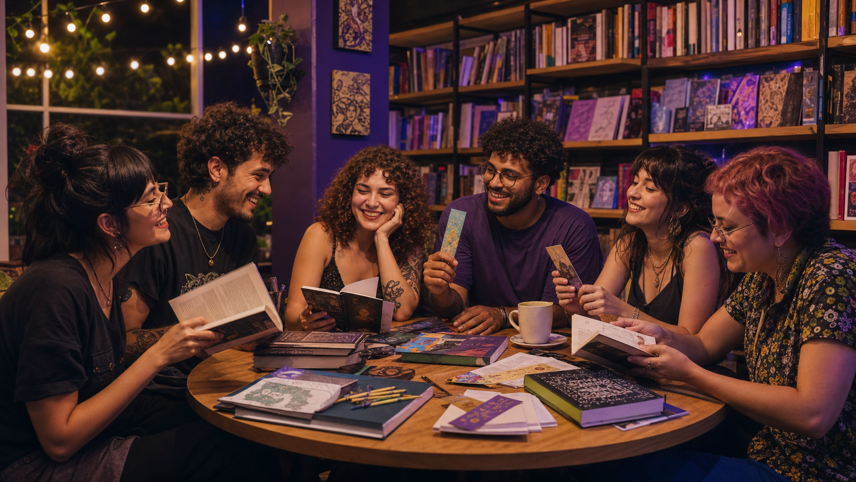 Grupo de jovens conversa sobre livros de fantasia em uma livraria