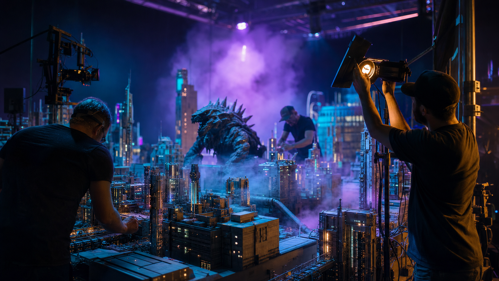 Equipe trabalha em uma cidade em miniatura durante filmagem de ficção científica